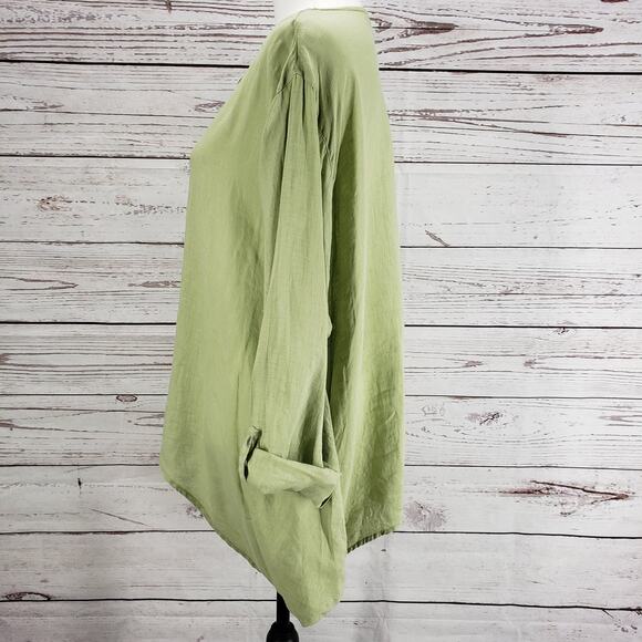 B. HADIKUSUMO Green 100%Linen Shark Bite Hem Roll Tab Sleeve Top Size XL - Picture 3 of 12